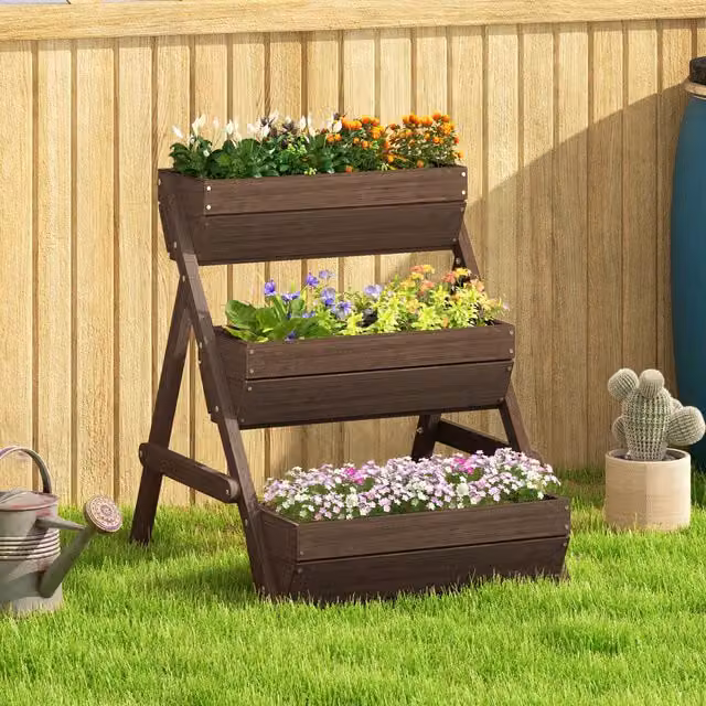 OUTSUNNY 3 Tier Wooden Raised Garden Bed Elevated Planter Box Kit, Brown – 1