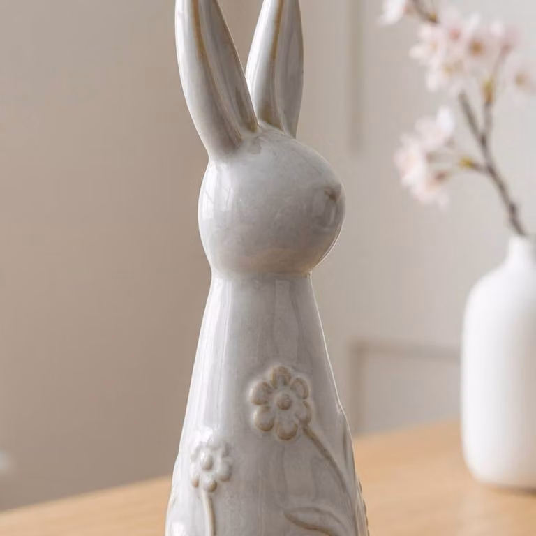 Garden Greatness Decorative Floral Rabbit Ceramic Tabletop Ornament in Brown and White