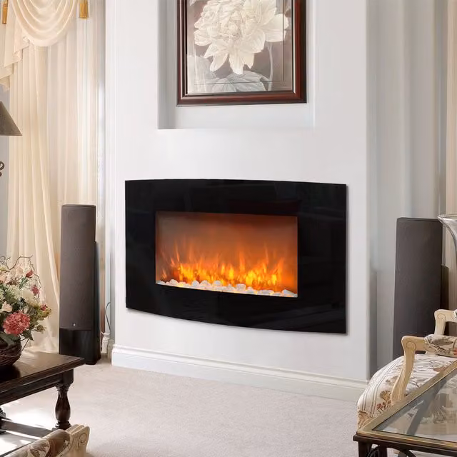 Livingandhome Wall-Mounted LED Electric Fireplace with Glass in Black
