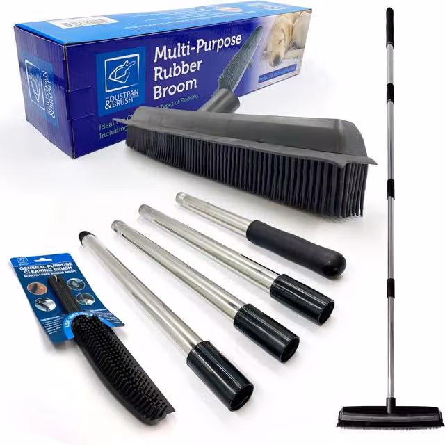 The Dustpan and Brush Store Rubber Pet Hair Broom and Hand Brush Set with Squeegee, Black, Handle Height: 120 cm