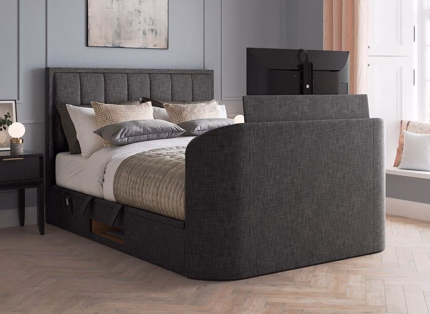 Dreams Osaka Upholstered Ottoman TV Bed in Grey Fabric