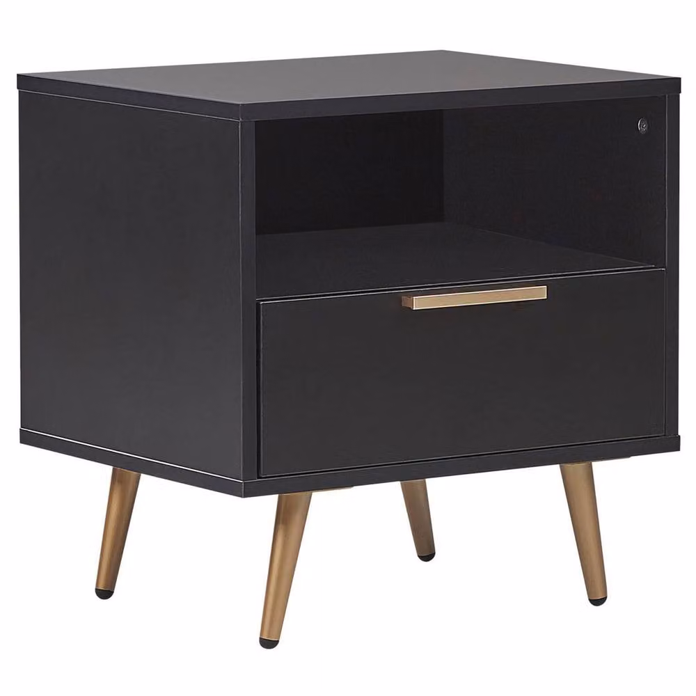 Wyld and Coco Modern Black MDF Bedside Table with Gold Metal Legs – 2