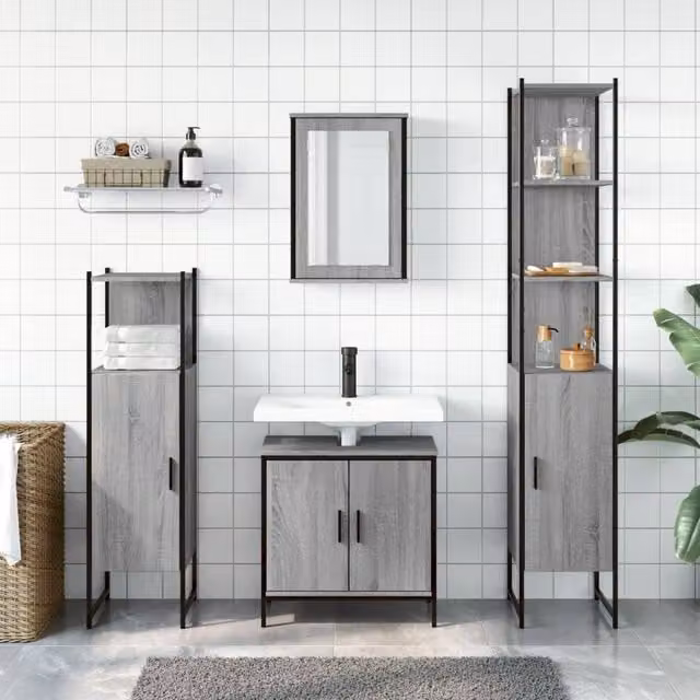 Berkfield Home 4 Piece Grey Bathroom Furniture Set including Vanity Unit, Mirror Cabinet and Tall Cabinet