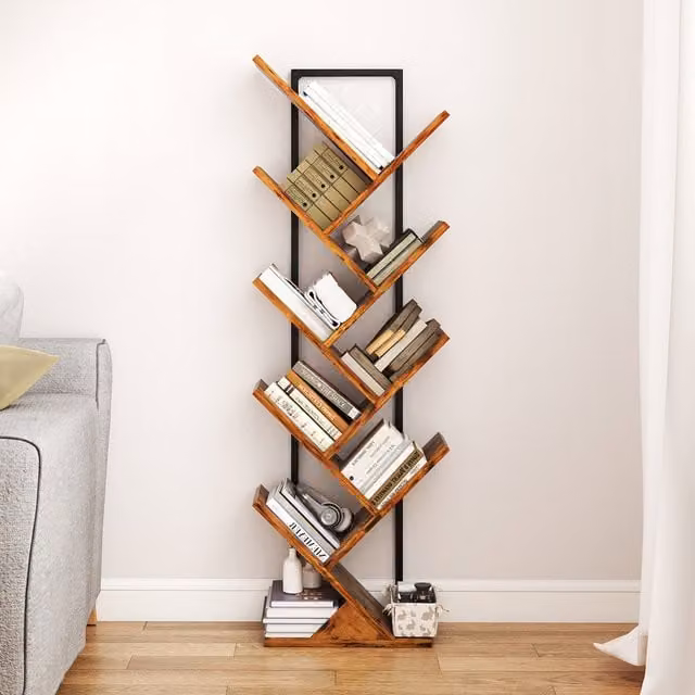 Levede 9 Tier Modern Wooden and Metal Book Shelf in Brown, W/D/H: 116 x 20 x 20 cm