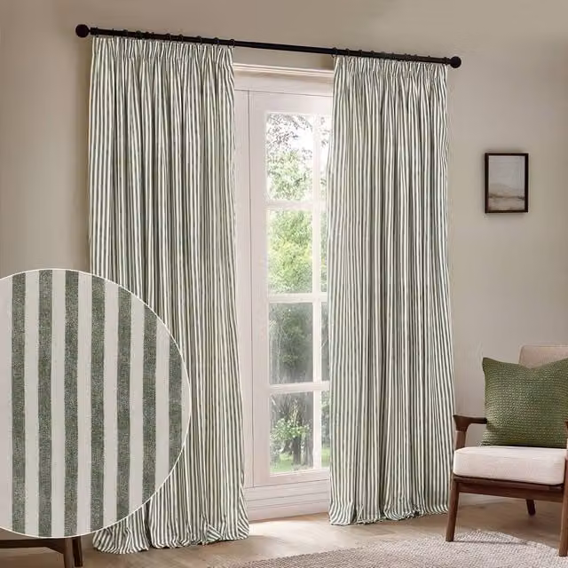 Yard Hebden Striped Green 100% Cotton Blackout Pencil Pleat Curtain Pair, Width: 117 cm, Drop: 137 cm