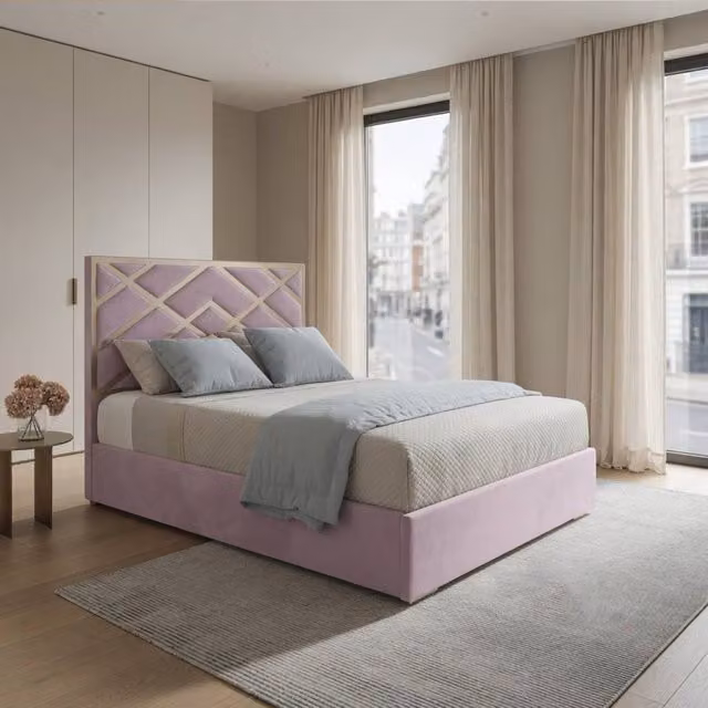 Casani Malton Upholstered Velvet Bed Frame in Pink with Metal Details, W/D/H: 140 x 200 cm – 1