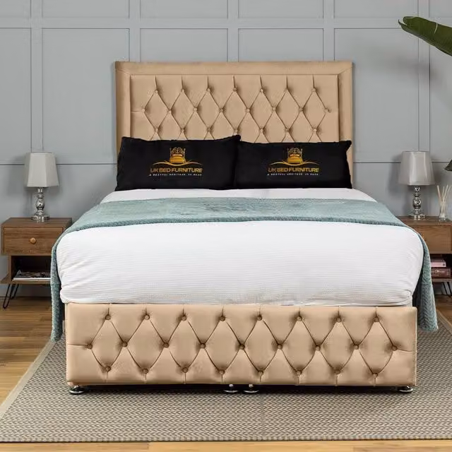 UK Bed Furniture Kingston End Lift Divan Ottoman Bed with 54 Inch Tall Headboard in Beige, Size: 120 x 200 cm