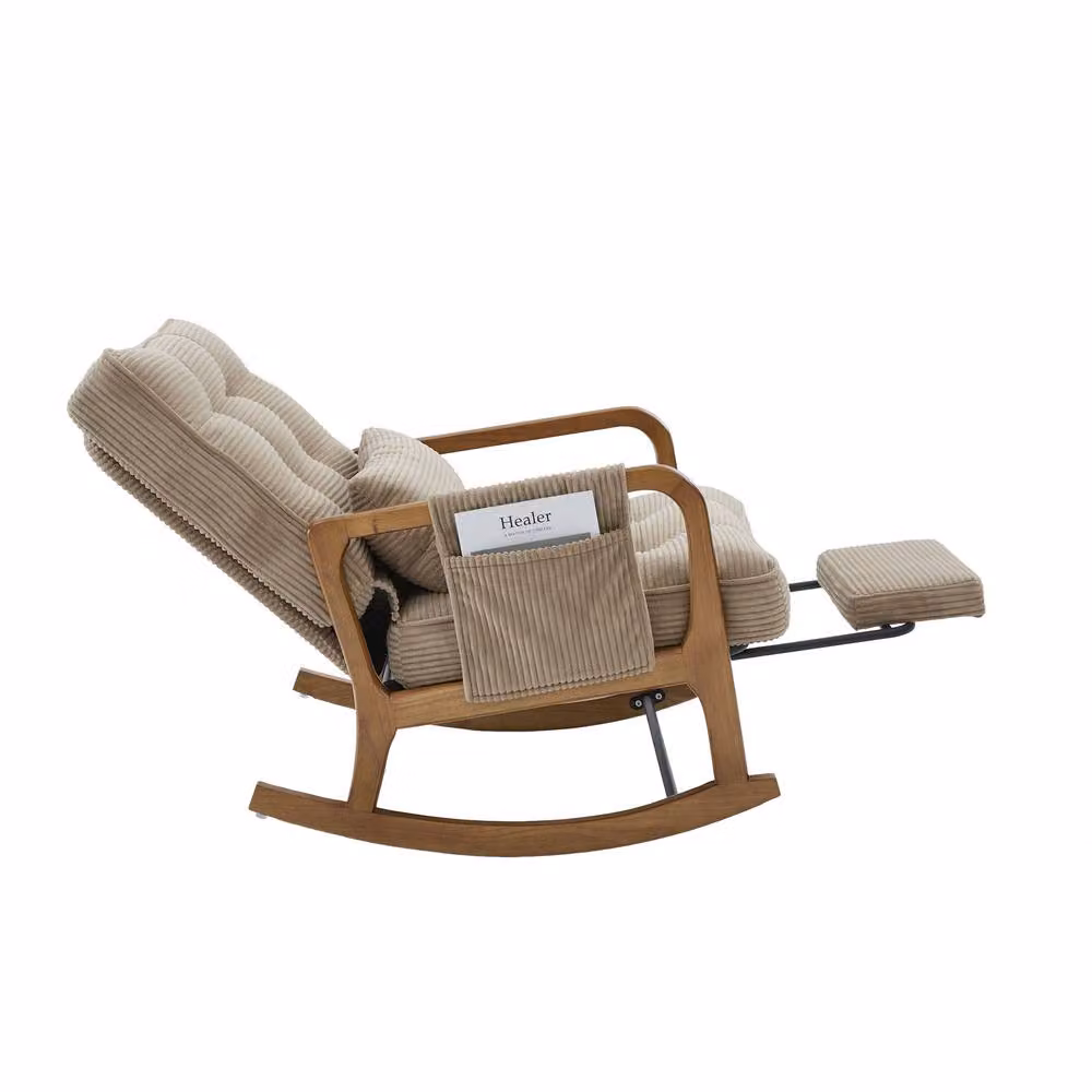 GOMYWAY Matteo Corduroy Upholstered Glider Rocker with Adjustable Footrest and Backrest in Beige – 5