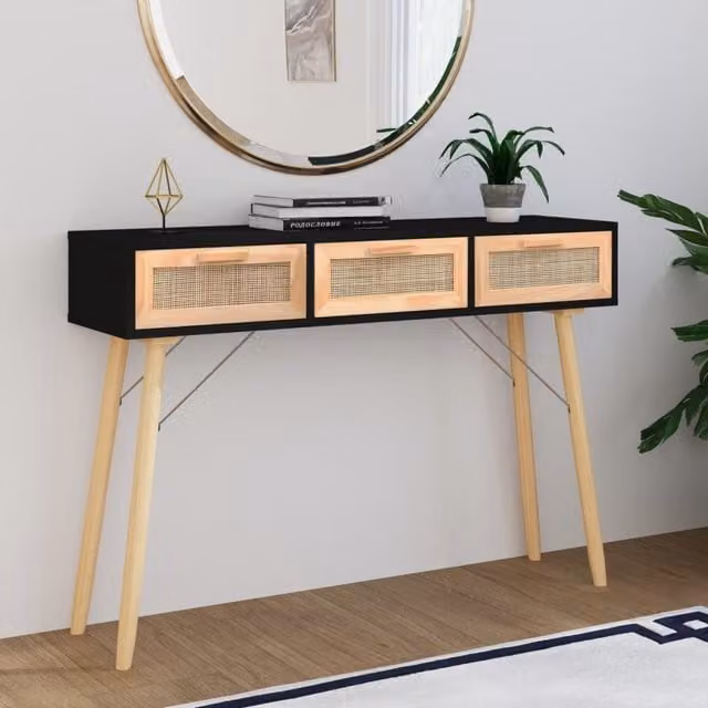 Berkfield Home Black Console Table in Solid Pine and Natural Rattan, W/D/H: 105 x 30 x 75 cm – 1