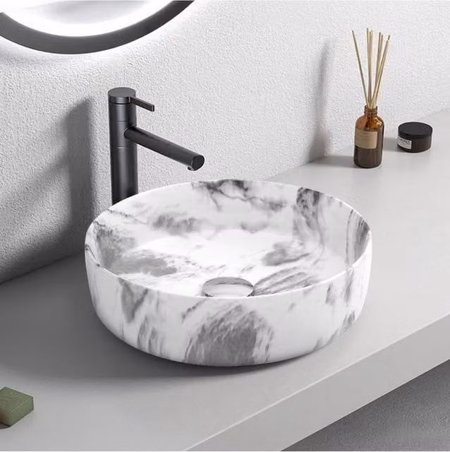 Living and Home Round White Marble Vessel Bathroom Sink, W/D/H: 36 x 36 x 12 cm – 1