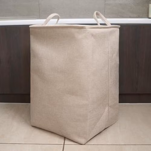OHS Collapsible Faux Linen Laundry Basket with Handles and Drawstring Closure, Beige – 3