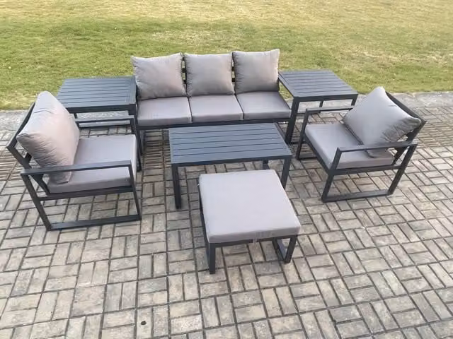 Fimous 6 Seater Modern Outdoor Furniture Set in Dark Grey with Powder Coated Aluminium Frame, 3 Seater Sofa, Coffee Table, 2 Armchairs, 2 Side Tables and Ottoman