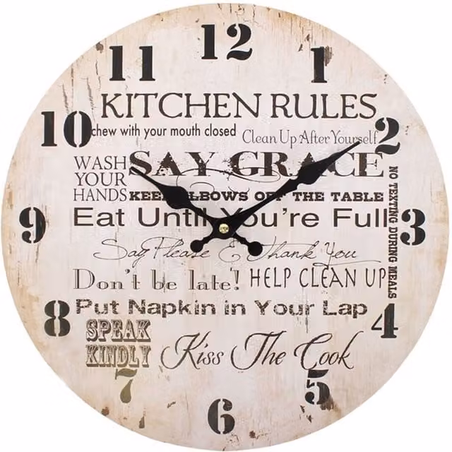 KDMK Kitchen Rules Round Vintage Wall Clock in White with Quartz Analog Movement