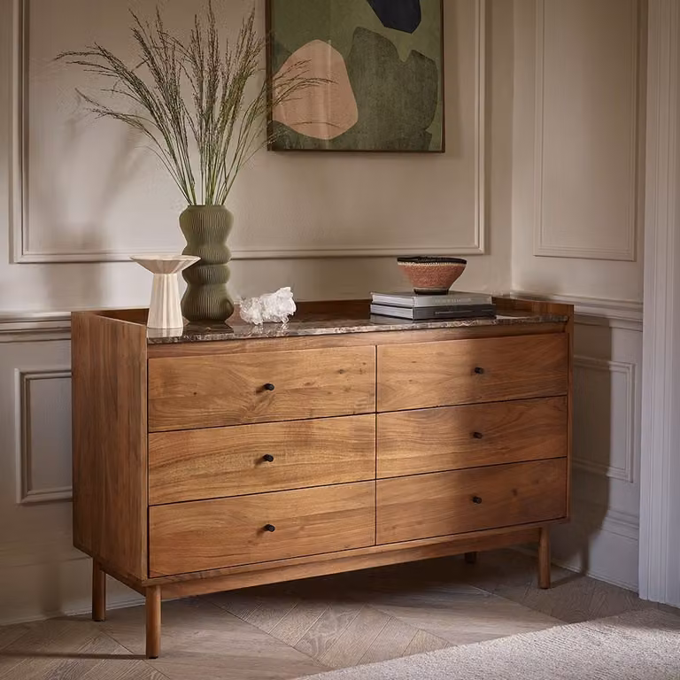 Atkin and Thyme Brera Marble Large Chest Of Drawers in Brown and Black Acacia Wood
