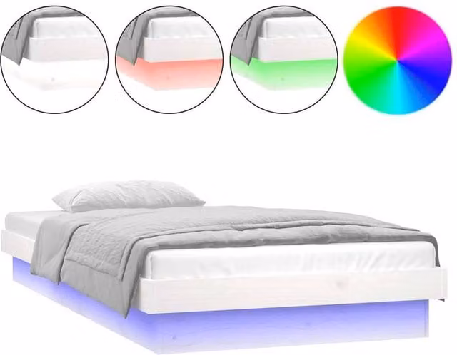 Berkfield Home Solid Wood Small Single LED Bed Frame with USB Charging Port in White, W/D/H: 75 x 190 cm