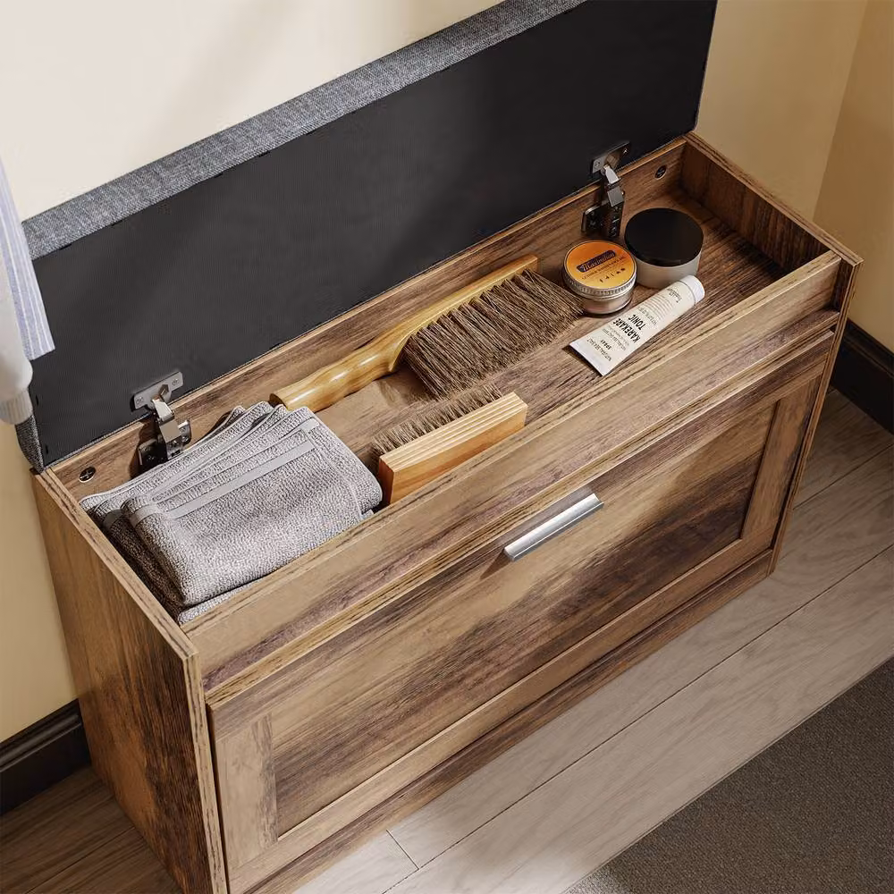 SoBuy Entrance Bench with Shoe Rack and Padded Fabric Seat in Brown, Grey or Silver – 4