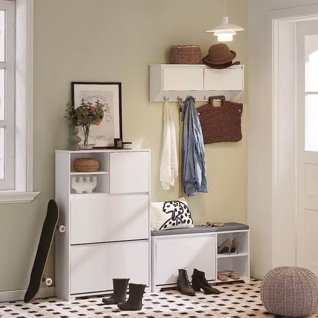 SoBuy Modern White Upholstered Shoe Rack Bench with Fabric Seat