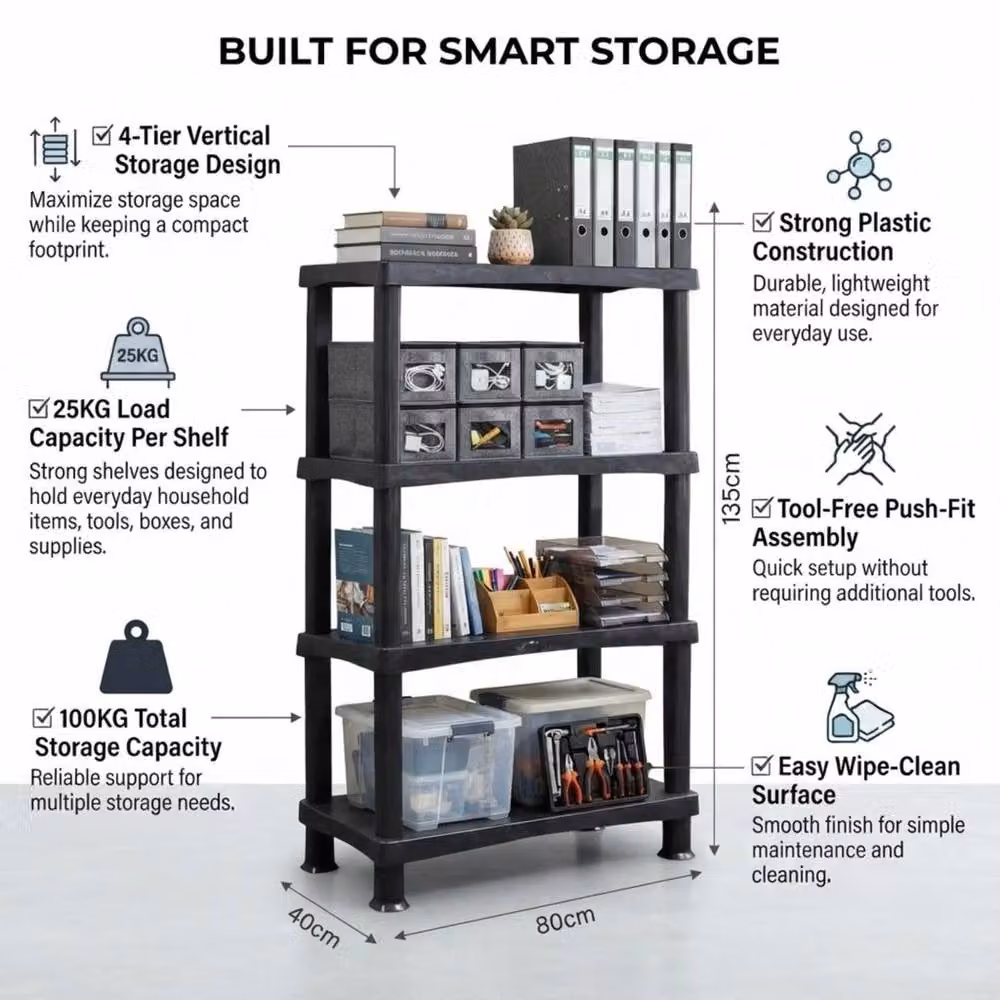 FORGEVIO 4 Tier Black Plastic Storage Shelving Unit – 4