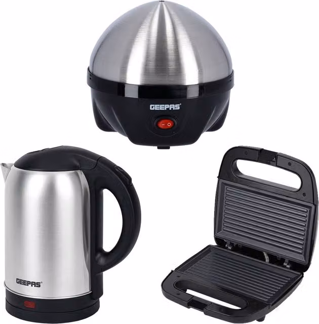 Geepas 3-in-1 Kitchen Combo Set including Egg Boiler Poacher, Panini Sandwich Press and 1.8L Electric Kettle in Silver