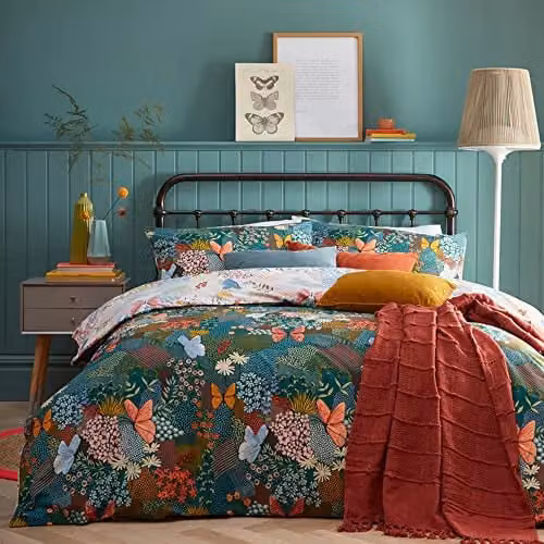 Riva Home Reversible Floral Duvet Cover Set in Petrol Green and Multicolour, W: 180 cm x L: 200 cm