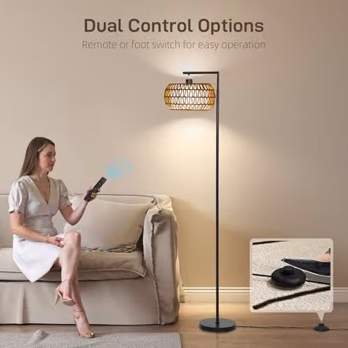 HOMCOM Boho Dimmable LED Floor Lamp with Remote Control and Foot Switch, Black, H 170 cm x W 33 cm x D 33 cm – 3