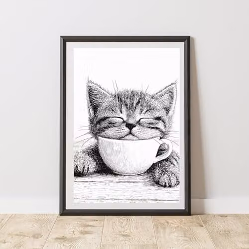 60 SECOND MAKEOVER Cat With Coffee Print Paper Poster, Black and Multicolour, A4