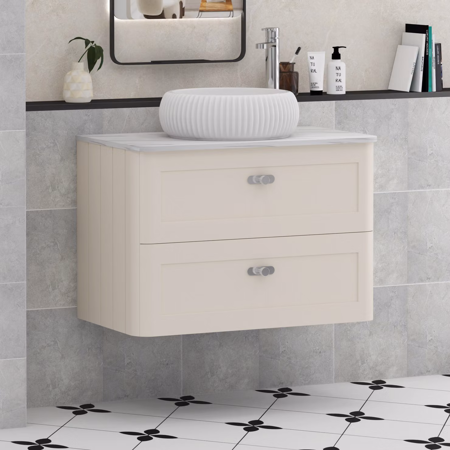Royal Bathrooms Henley 800mm Wall Hung Vanity Unit in Mushroom Cashmere with Milan Basin and Chrome Knob