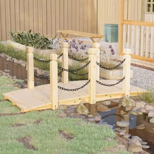 Berkfield Home Garden Bridge with Chain Railings in Brown Solid Spruce Wood, W/D/H: 150 x 67 x 56 cm