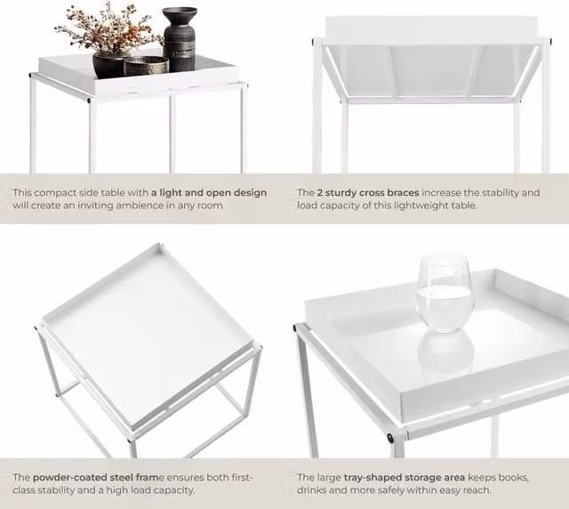 TECTAKE Modern Metal Bedside Table in White, W/D/H: 40 x 40 x 44 cm