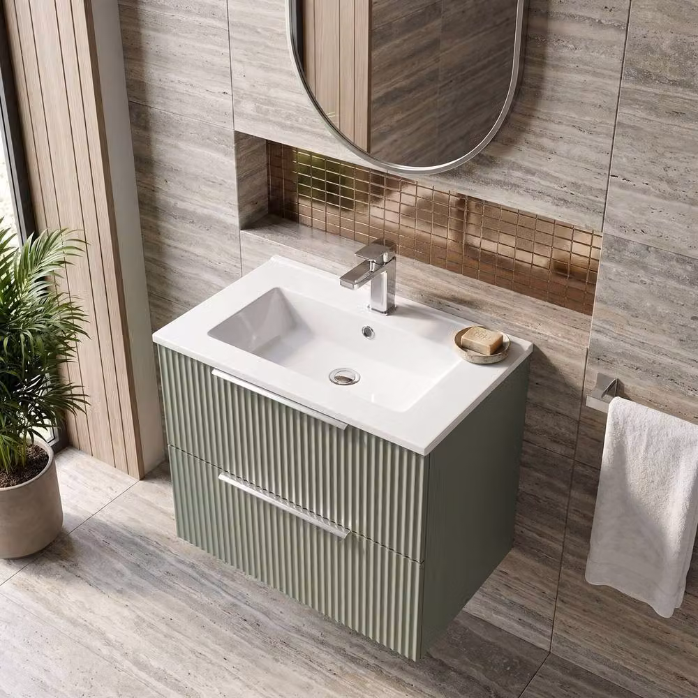 Balterley Tixall Fluted 2 Drawer Wall Hung Vanity Basin Unit, Satin Green, Width: 60 cm – 2