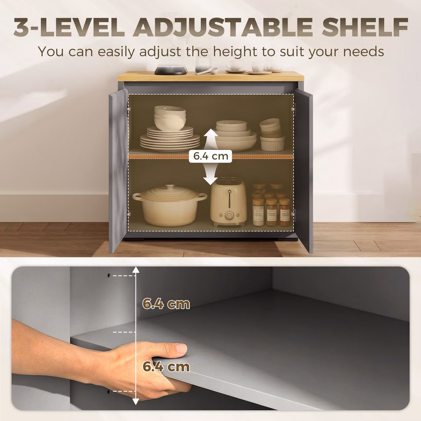 HOMCOM Grey Kitchen Sideboard Storage Cabinet with Double Doors and Adjustable Shelf – 4