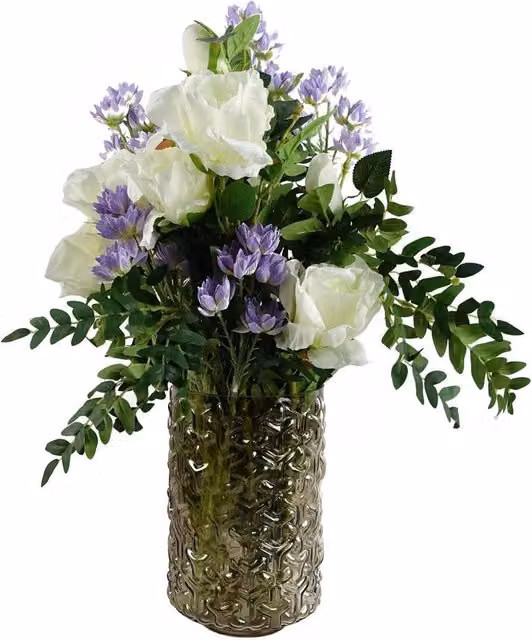 Leaf Artificial White Rose and Purple Starflower Floral Display in a Glass Vase, Height: 60 cm
