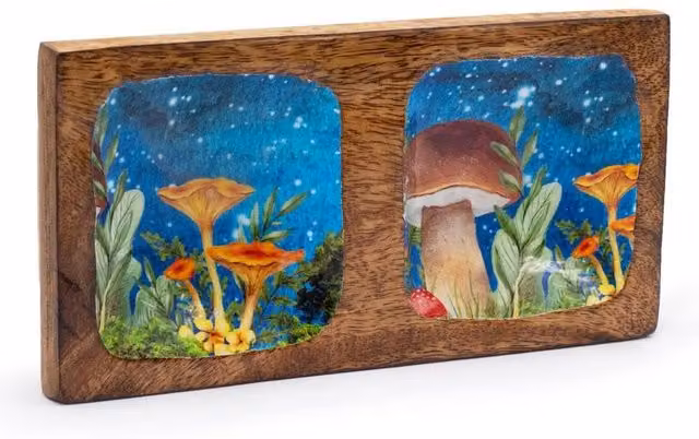 KDMD Floral Rectangular Wood Tabletop Tray in Petrol, Blue and Multicolour, W/D/H: 20 x 10 x 2.5 cm