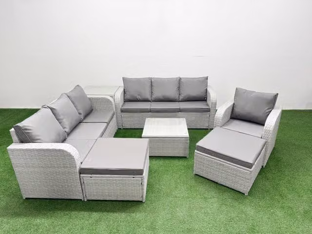 Fimous 9 Seater Poly Rattan Garden Furniture Set in Grey with Coffee Table, 3 Seater Sofas, Reclining Chairs and Ottomans