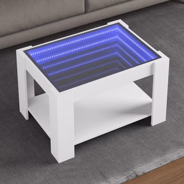 Berkfield Home Modern White Glossy Coffee Table with LED and Glass, W/D/H: 73 x 53 x 45 cm