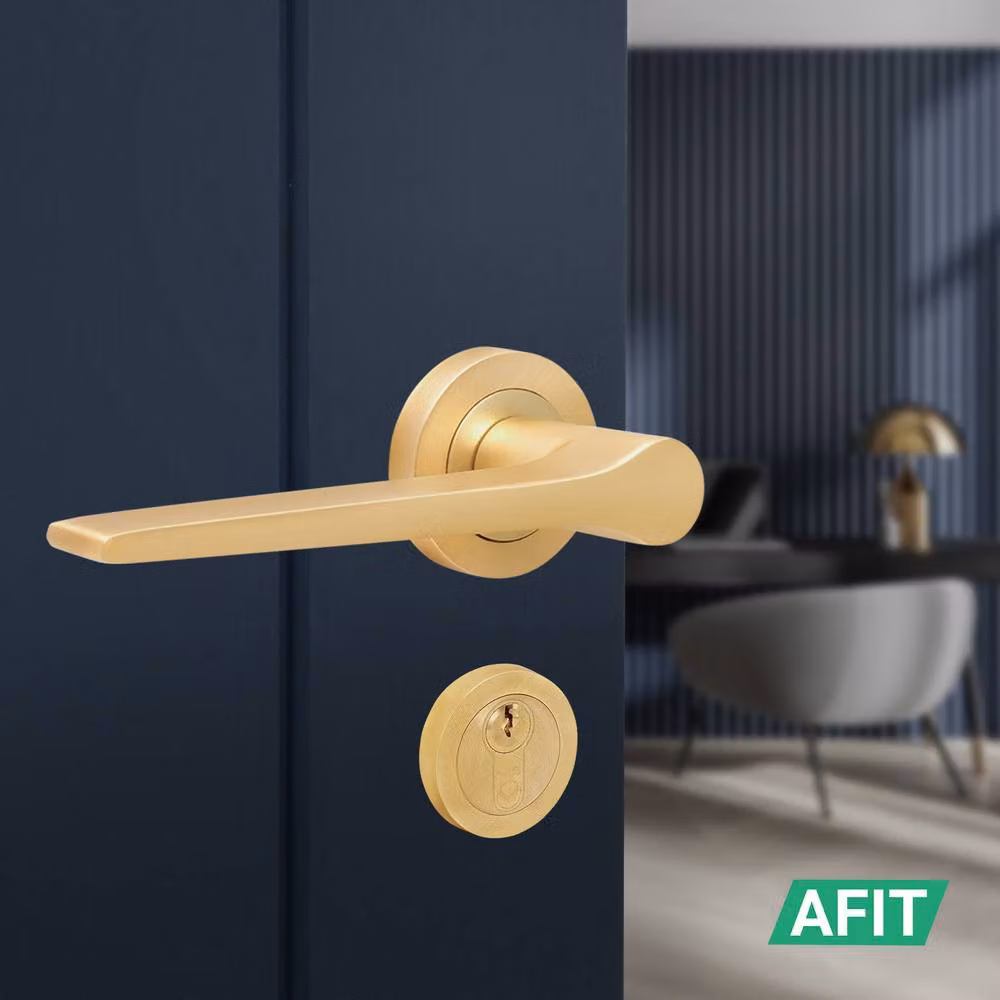 AFIT Gold Brass Fire Door Handle with Euro Lock Thumbturn Cylinder and Hinges Set – 3