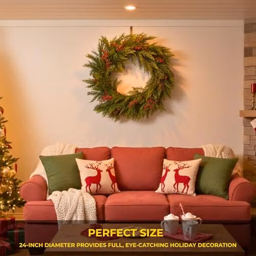 Shatchi Green and Red Christmas Wreath with Artificial Leaves and Berries, Diameter: 60 cm – 2