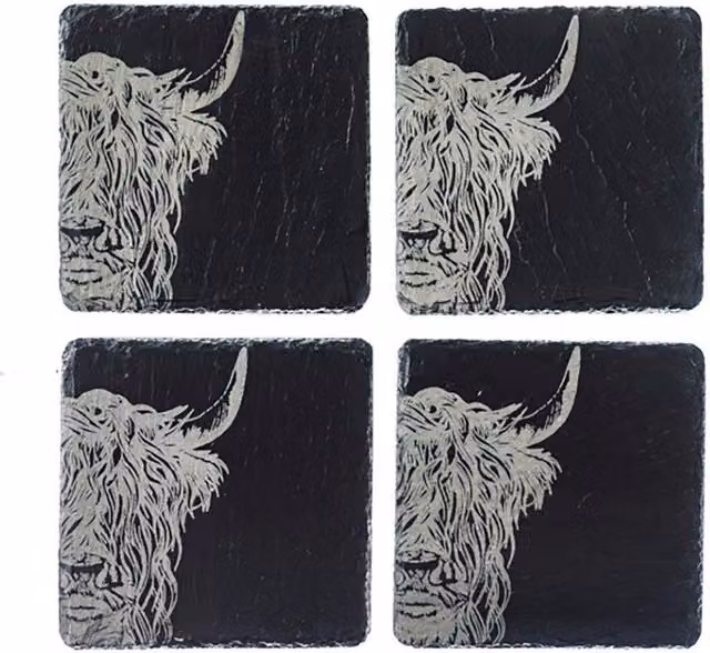 Selbrae House Highland Cow Slate Coasters, Set of 4, Black/Grey, W/D/H: 11.0 x 11.0 x 2.5 cm