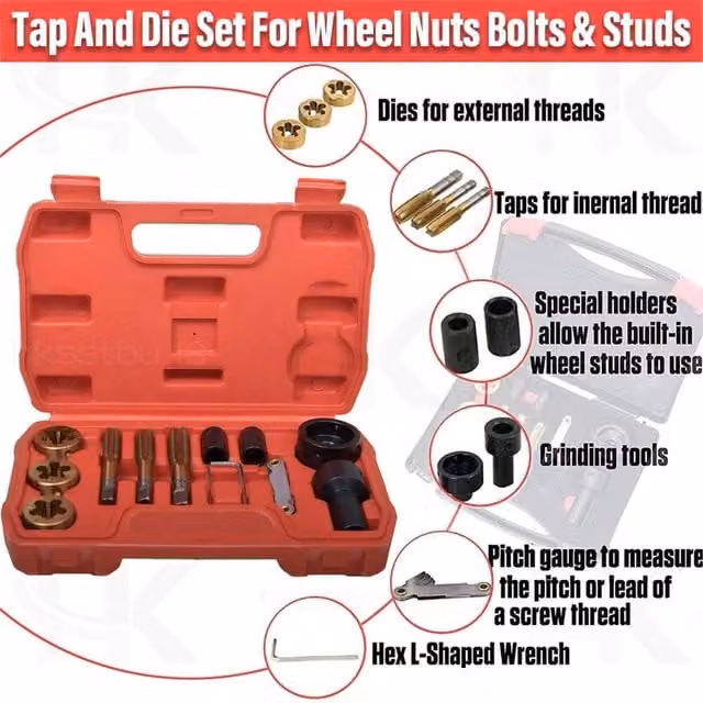EONLION 13 Piece Metric Tap and Die Set for Wheel Stud and Nut Repair, Red – 1