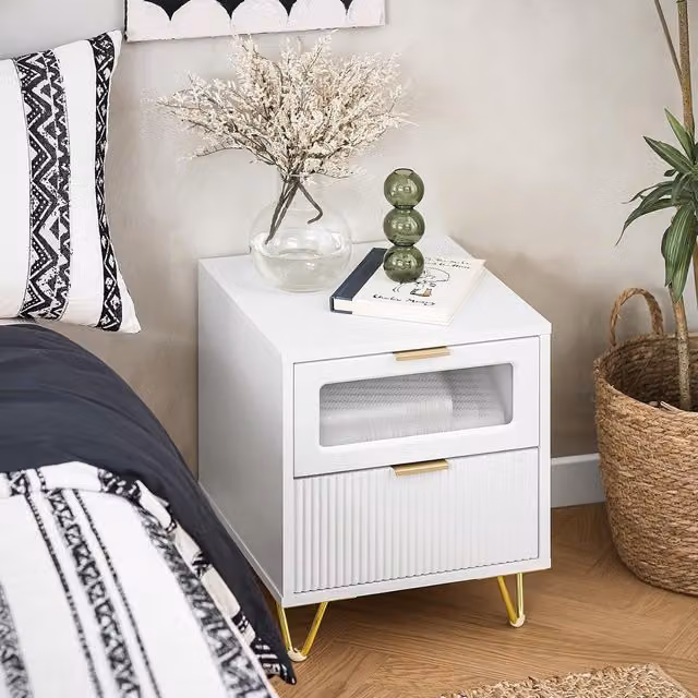 SoBuy Modern White and Gold Metal Bedside Table