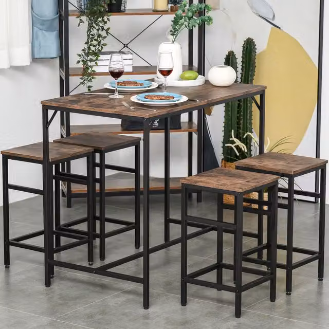 HOMCOM Industrial Rectangular Dining Set with 4 Stools in Black and Brown
