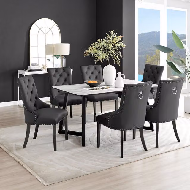 FurnitureboxUK Carson White Marble Effect Dining Table and 6 Belgravia Black Leg Chairs Set