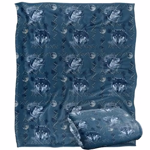 JQ Licensing Wolf Howl Moon Pattern Super Soft Silky Touch Throw Blanket, White, W: 152 cm, D: 127 cm – 1