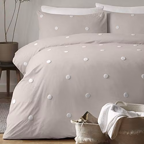 Appletree Dot Garden 100% Cotton Dotted Duvet Cover and Pillowcase Set in White and Beige, W/H: 200 x 200 cm
