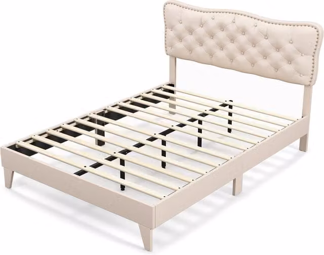 Costway Modern Upholstered Platform Bed Frame in Beige and Brown, W/D/H: 180 x 200 cm