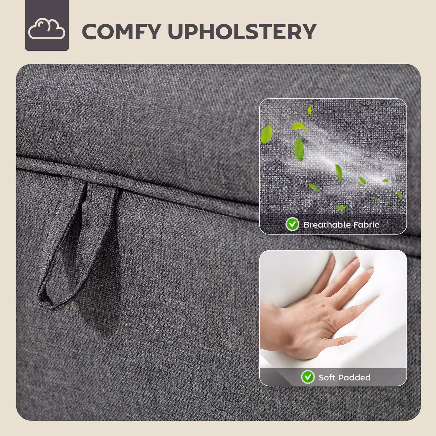 HOMCOM 16L Linen Storage Ottoman Padded Footstool in Grey with Rubberwood Legs, W/D/H: 120 x 49 x 36 cm – 5