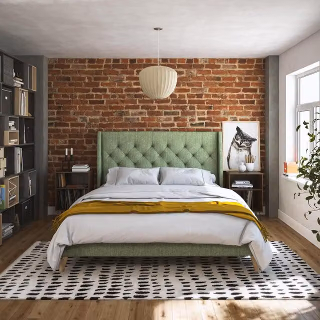 Novogratz NG Her Majesty Upholstered Bed in Green and Grey, W: 140 cm, L: 200 cm