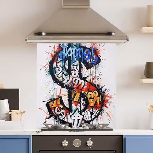 Grafitti Dollar Toughened 6mm Glass Kitchen Splashback, Multicolour, W: 70 cm, H: 75 cm