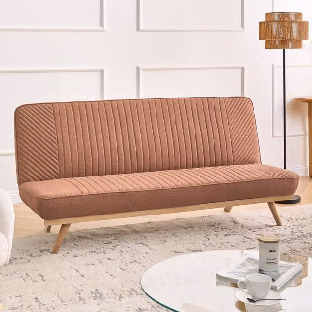 Wyld and Coco 2-Seater Mid-Century Click Clack Sofa Bed in Brown Fabric, W/D/H: 191 x 140 x 84 cm