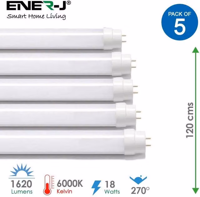 ENER-J Pack of 5 T8 LED Nano Plastic Tubes, 18W, 6000K Cool White, with Starters, Diameter: 25 cm, Height: 19 cm – 1